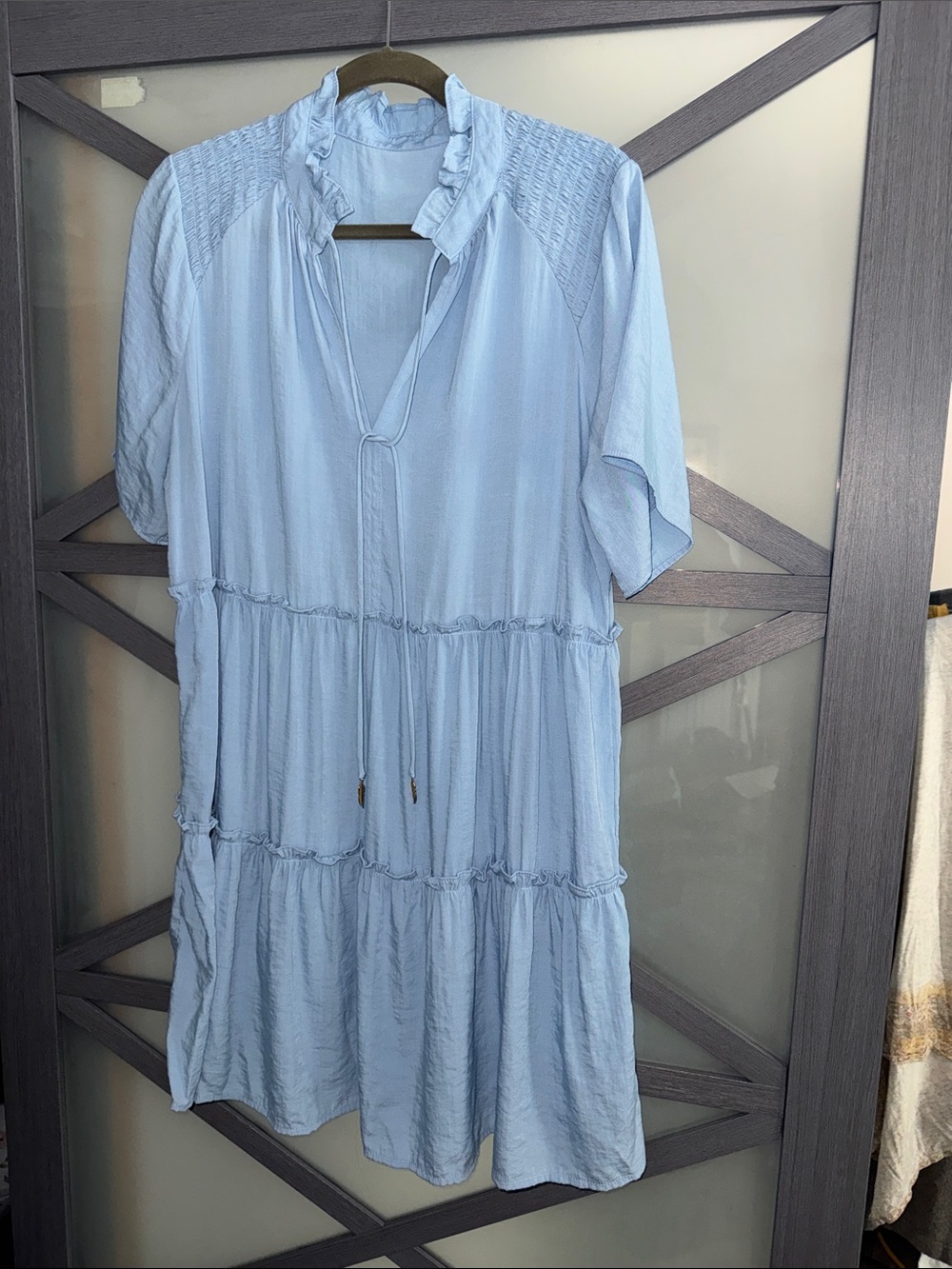 Light Blue Cotton Tiered Ruffle Neck Dress